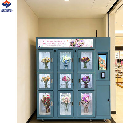 คุณภาพ Winnsen Smart Flower Vending Machine พร้อม LCD 19 นิ้ว ปรับความชื้นเย็นและประตูปิดกล่องคู่ โรงงาน